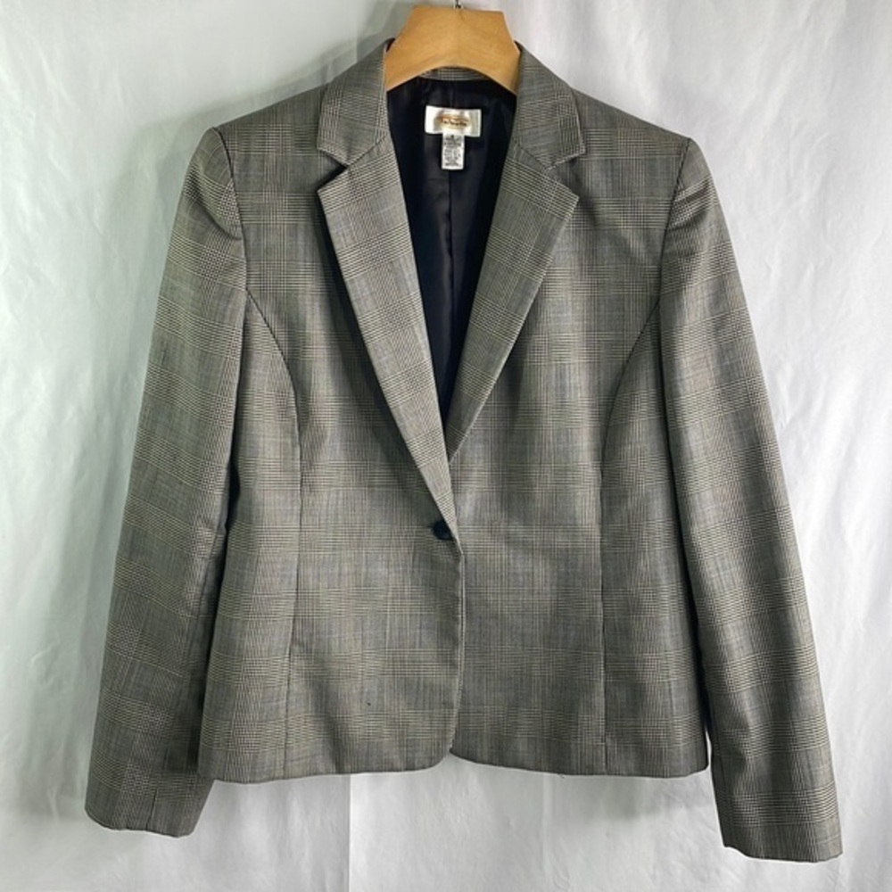 Talbots, black, white and blue glen plaid blazer.